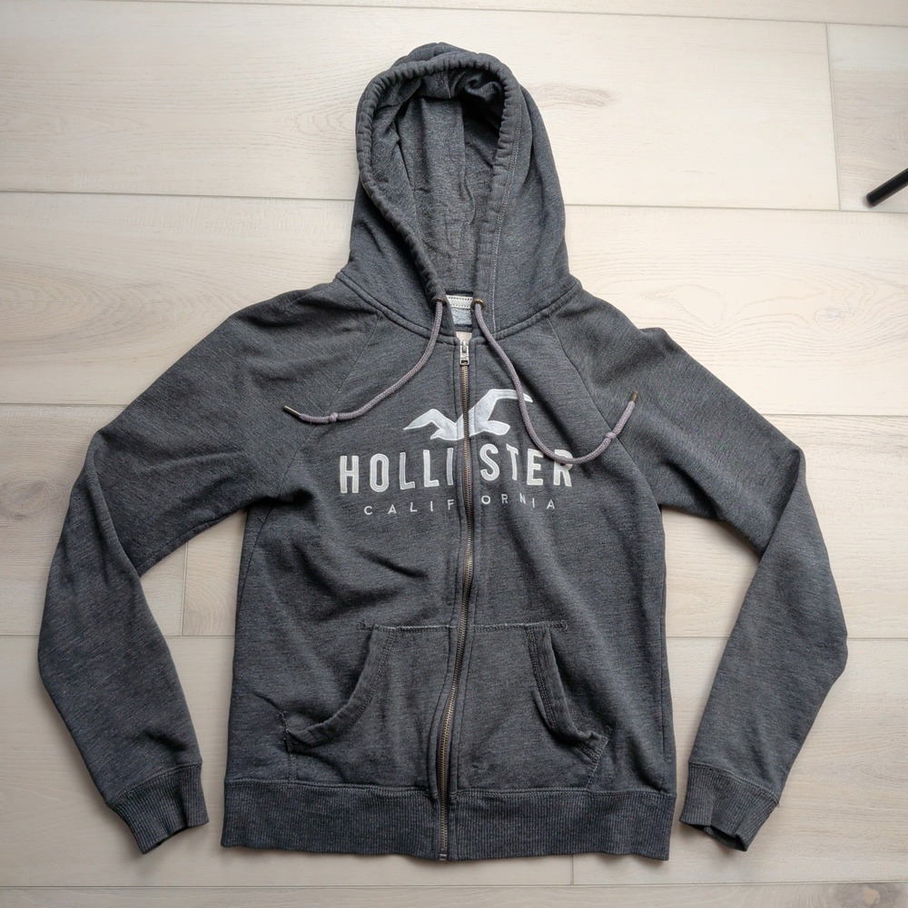 Hollister Full Zip Hoodie Womens Small Gray Logo Sweatshirt Charcoal Heather Y2K